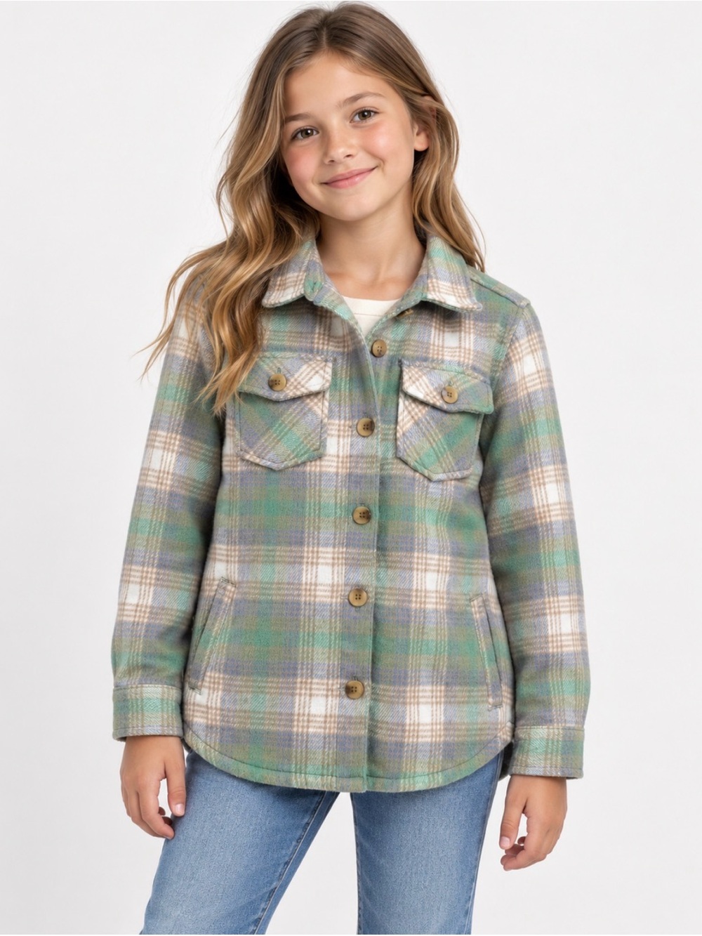 Kids Plaid Button-Front Shacket in Green and Cream